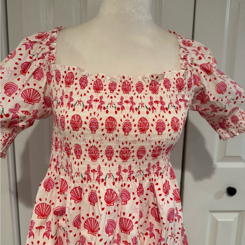 Hill House Pink Shell-Print Smocked Midi Dress, Size S - Picture 4 of 14